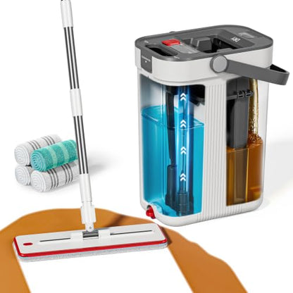 White Flat Mop with 4 Washable Pads - 3-Tank System for Floor & Wall Cleaning