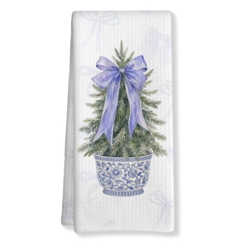 Chinoiserie Christmas Kitchen Towels - Blue Bow Tree Dish Hand Towels Multi 0368