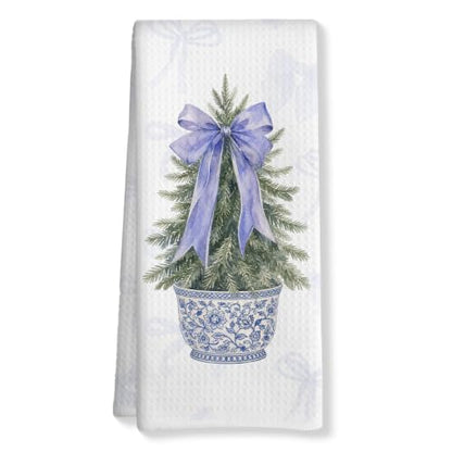 Chinoiserie Christmas Kitchen Towels - Blue Bow Tree Dish Hand Towels Multi 0368