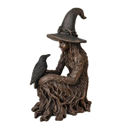 Gothic Witch Figurine Halloween Decor - Mystical Raven Statue with Textured Gown