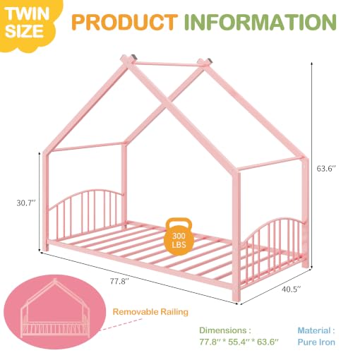 Twin Size House Shape Bed Frame with Guardrail - Pink, Low Profile, Sturdy Metal Design