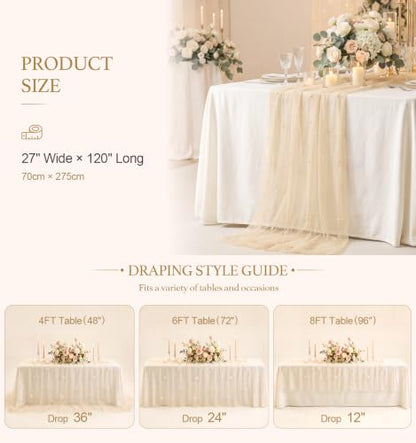 FEXIA Champagne Pearl Table Runner 10ft Beige Tulle Gauze Wedding Decor
