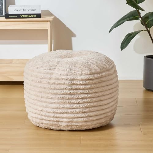 Kisoy 20in Round Faux Fur Floor Pouf Ottoman - Ivory, Soft & Supportive