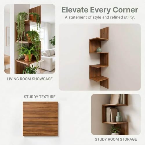 Premium Bamboo Corner Wall Shelf 4-Tier Floating Corner Shelving Unit