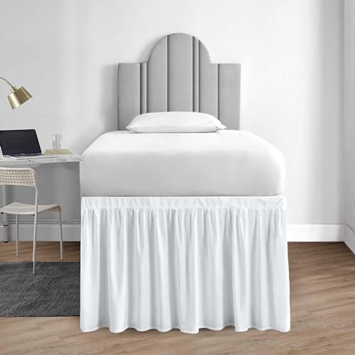 Dorm Room Bed Skirt - Extra Long Twin XL Ruffled Microfiber, White 27" Drop