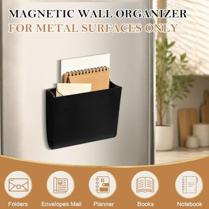Magnetic Leather Mail Holder for Refrigerator Wall Organizer - Black PU
