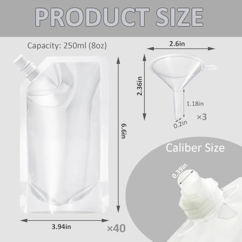 40 Pack 8oz Plastic Travel Bottles with Funnels and Flexible Juice Bags