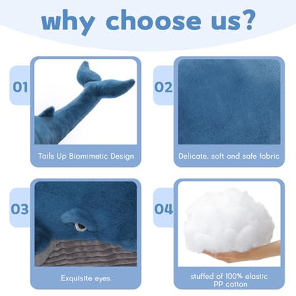43-Inch Giant Blue Whale Plush Pillow - Soft Stuffed Animal Toy for Kids & Decor