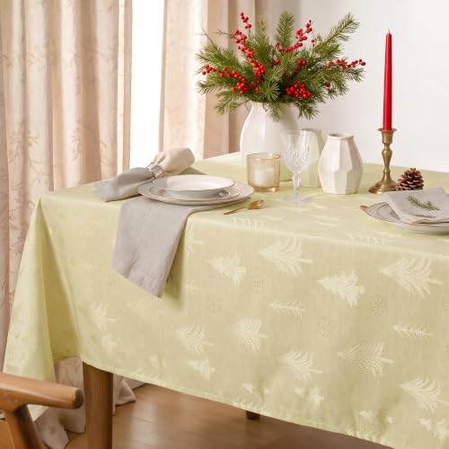 Cream Jacquard Tablecloth 60x84 Inches Rectangle Christmas Trees Snow Beige