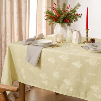 Cream Jacquard Tablecloth 60x84 Inches Rectangle Christmas Trees Snow Beige