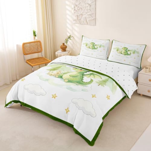 Castle Fairy Cute Dragon Duvet Cover Set Twin Watercolor Kids Bedding with Pillowcase - White Green
