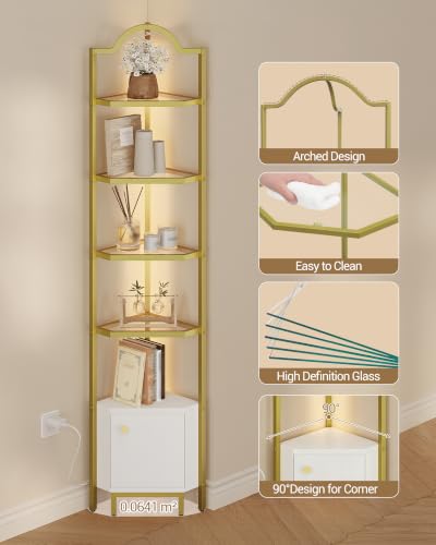 Corner Cabinet with LED Light and Glass Shelves for Living Room