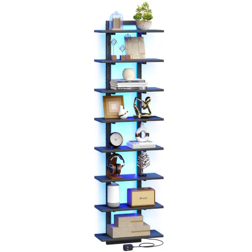 Black 8-Tier Wall Mounted Shelf with RGB LED Lights - Floating Display
