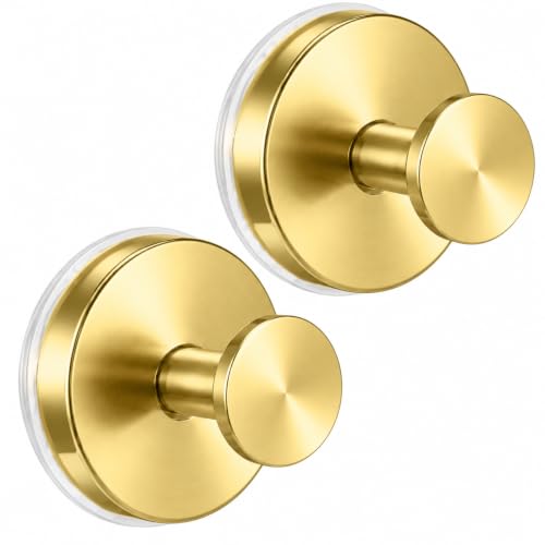 Brushed Gold Suction Cup Hooks for Shower Bathroom Towel Hooks 2 Pack