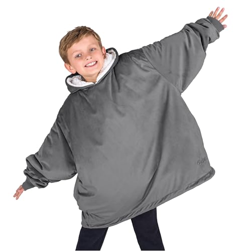 Kids Wearable Blanket Hoodie - Soft Plush Sherpa - Grey - Cozy & Warm