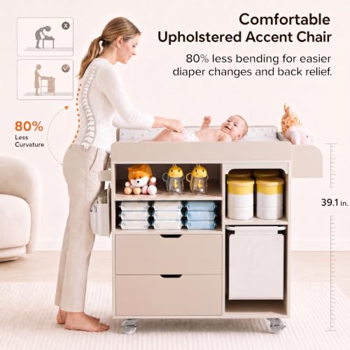 Baby Changing Table with Waterproof Pad & Storage Dresser - Beige