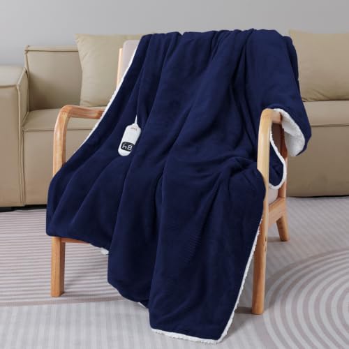 Queen Size Waffle Fleece Heated Blanket with Dual Control Navy - Fast Heating