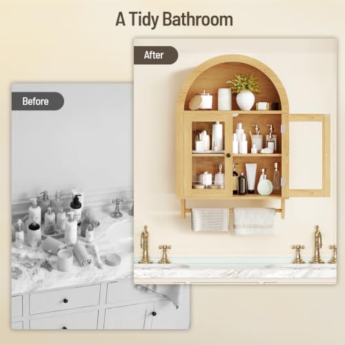 Arched Bathroom Wall Cabinet with Glass Doors and Towel Bar - Natural Wood Finish