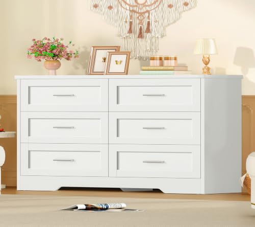 White 6-Drawer Dresser for Bedroom Modern Wooden Storage Organizer