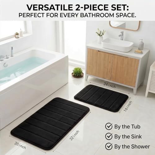 Memory Foam Bath Mat Set - Black, Non Slip & Quick Dry Bathroom Rugs