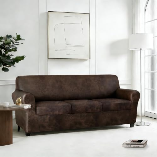 ANARACHON Leather Look Sofa Cover Set for 3 Cushion Couch - Brown, 4 Pieces
