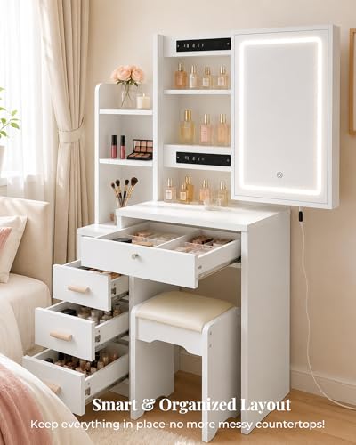 Breevia White Small Vanity Desk with Mirror & Lights, 31.5" Compact Dressing Table with Stool, 4 Drawers