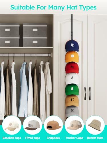 HapiRm Black Hat Organizer for Baseball Caps - Over Door Metal Rack Holds 18+