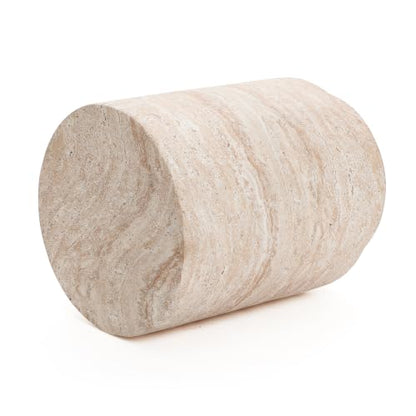 Ivory 18-Inch Round Side Table - Travertine-Style Cement Drum Accent