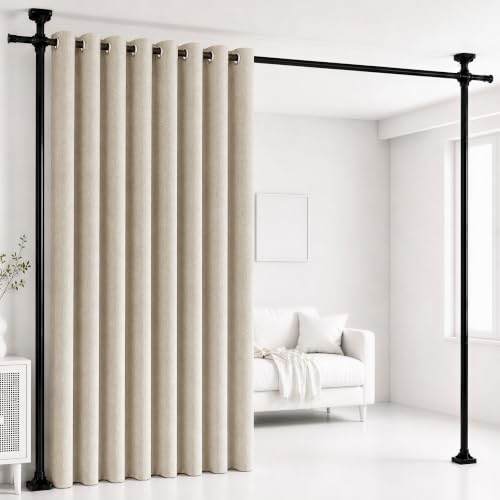 No Drill Room Divider Tension Curtain Rod & 100% Blackout Linen Curtain Set - Natural, 100W x 96L