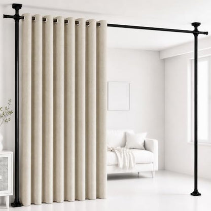 No Drill Room Divider Tension Curtain Rod & 100% Blackout Linen Curtain Set - Natural, 100W x 96L