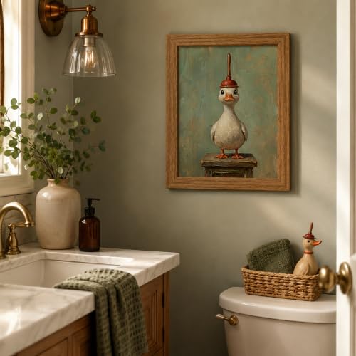 Framed Funny Bathroom Duck Wall Art - 8x10 Inch Canvas Decor - Duck with Toilet Plunger