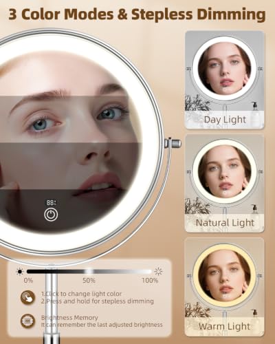 Chrome Lighted Makeup Mirror with 30X Magnification & Adjustable Height