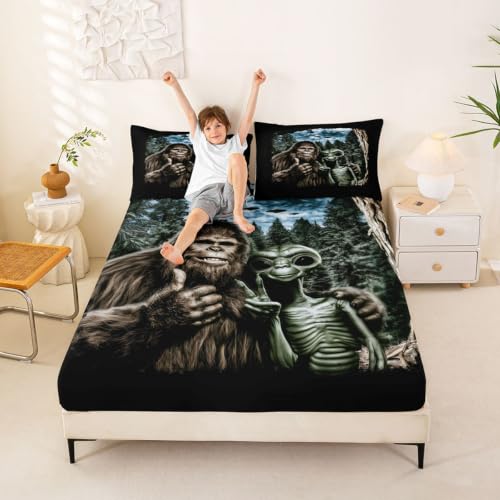 Castle Fairy Bigfeet and Alien Full Size Bed Sheet Set - W54xL75 Inches