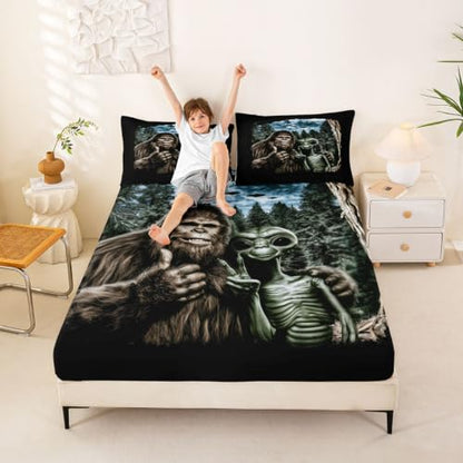 Castle Fairy Bigfeet and Alien Full Size Bed Sheet Set - W54xL75 Inches