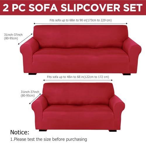 Peryiter Couch and Loveseat Sofa Covers Set - Xmas Red Milk Silk, Non Slip, Elastic