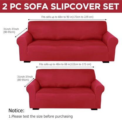 Peryiter Couch and Loveseat Sofa Covers Set - Xmas Red Milk Silk, Non Slip, Elastic