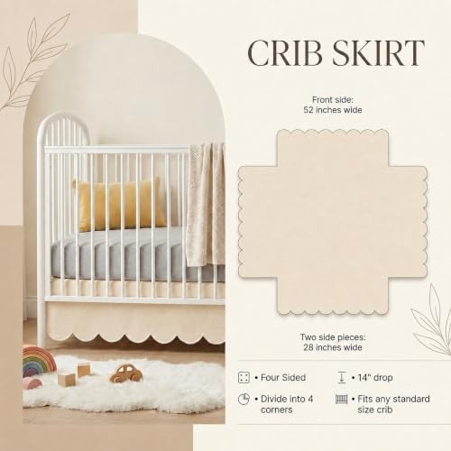 28x52 Inch Oatmeal Beige Crib Skirt with 14-Inch Drop and Scalloped Edges – Nursery Bed Skirt for Standard Cribs (Variation: Oatmeal / 28×52 in / 14 Inches)