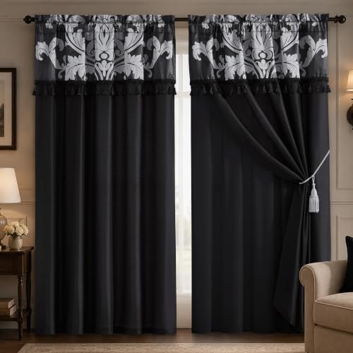 Black Silver Jacquard Floral Window Curtain Set with Sheer Backing and Tassels
