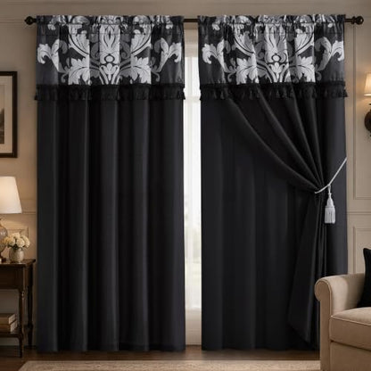Black Silver Jacquard Floral Window Curtain Set with Sheer Backing and Tassels