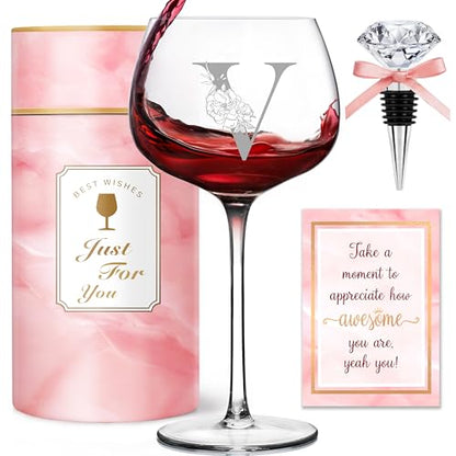Personalized Monogrammed A-Z Wine Glass for Women - Custom Gift Vouchers, Birthday, Christmas, Her - Variation V