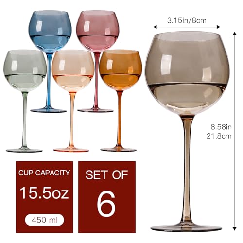 Multicolour Balloon Colored Wine Glasses Set of 6 - 15oz Hand Blown Crystal Stemware for Weddings & Parties