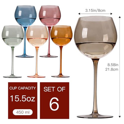 Multicolour Balloon Colored Wine Glasses Set of 6 - 15oz Hand Blown Crystal Stemware for Weddings & Parties