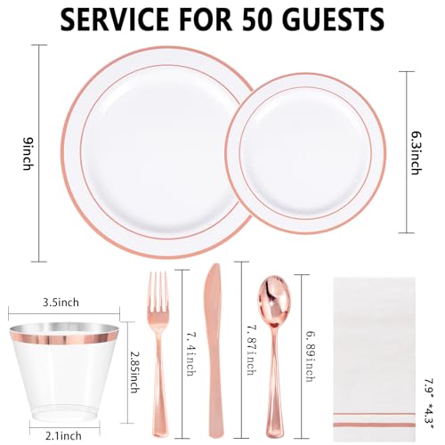 50 Guest White Rose Gold Plastic Plates Party Supplies for Wedding & Birthday