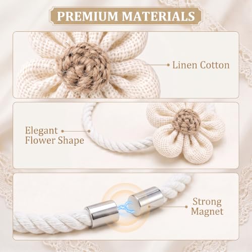 Magnetic Curtain Tiebacks 2 Pack - Boho Flower Cotton Linen Holdbacks for Bedroom Nursery Living Room