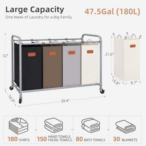 Laundry Sorter 4 Section with Wheels - 47.5 Gal Heavy Duty Laundry Cart