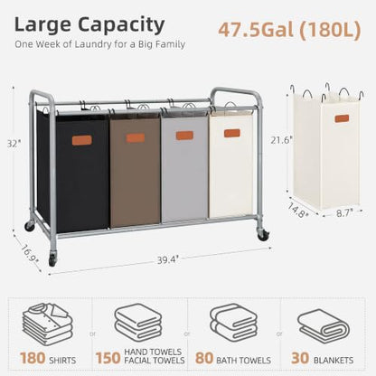 Laundry Sorter 4 Section with Wheels - 47.5 Gal Heavy Duty Laundry Cart