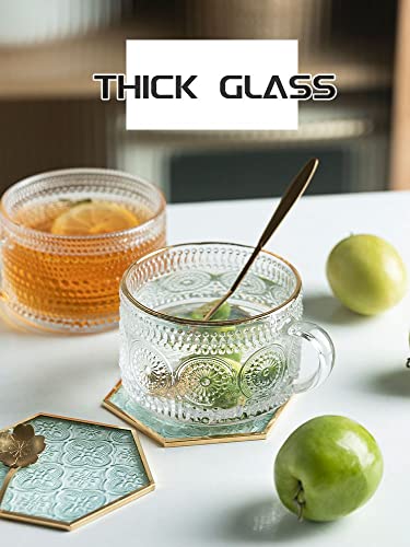 Vintage Glass Coffee Mug Set 14 Oz Stackable Tea Cups with Handle for Hot Cold Beverages