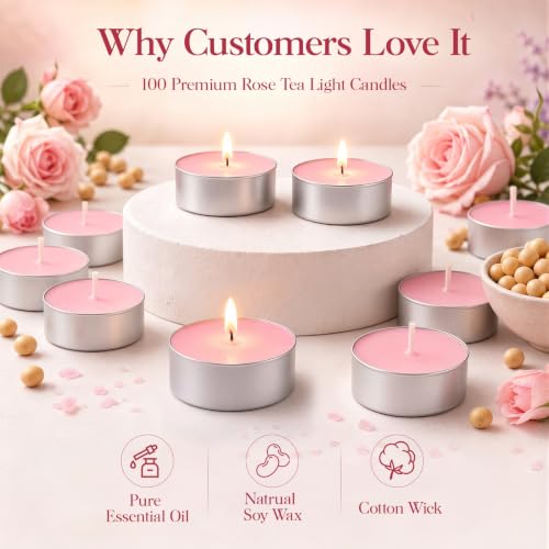 Pink Rose Scented Soy Tea Light Candles 100 Pack - Relaxing Home Decor