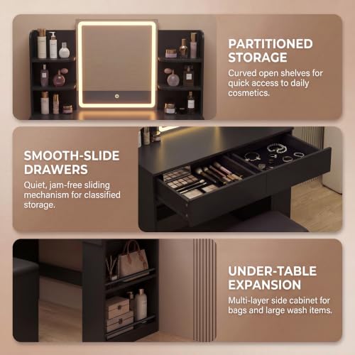 Vanity Desk with LED Mirror and 3-Color Lighting – 35.4" Bedroom Vanity Set with 2 Drawers & Open Shelves, Black