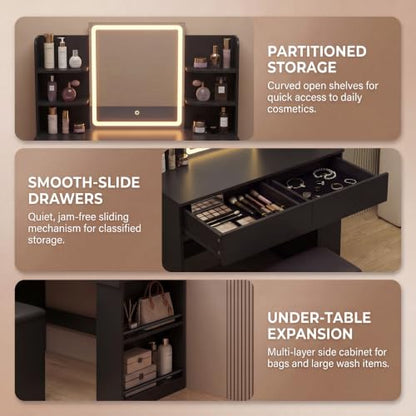 Vanity Desk with LED Mirror and 3-Color Lighting – 35.4" Bedroom Vanity Set with 2 Drawers & Open Shelves, Black